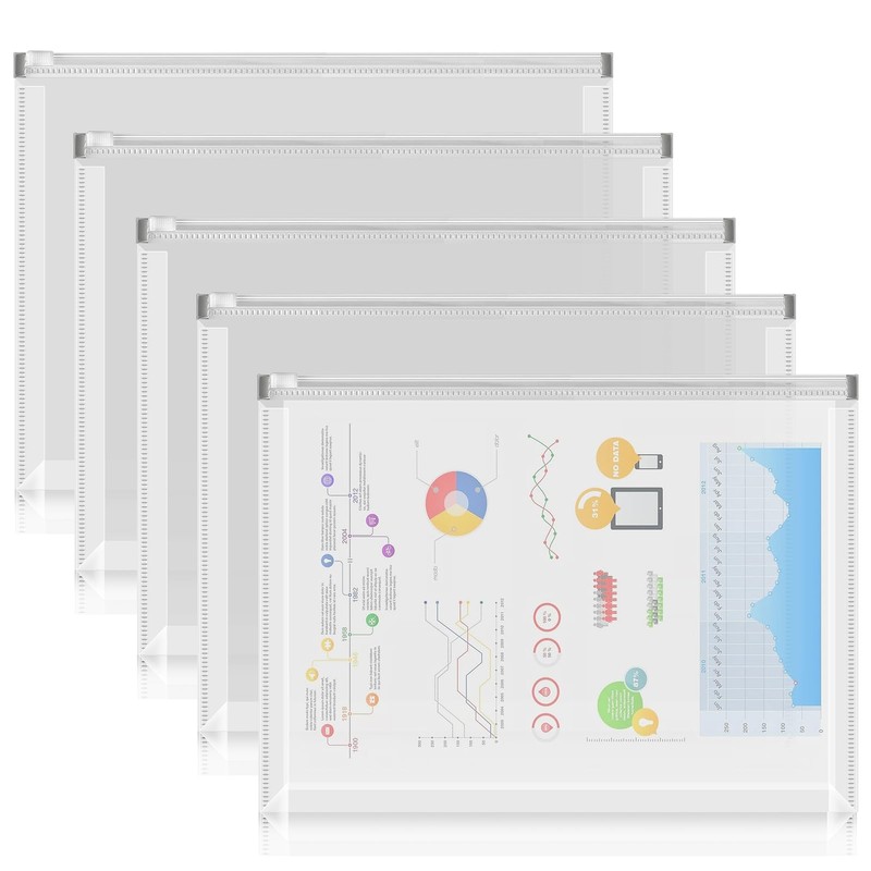 FYY 5PCS Plastic Envelopes, A4 Letter Size Poly Zip Envelopes File Folders, Tran
