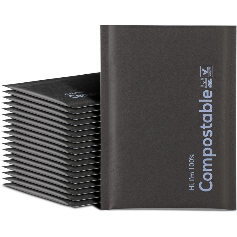 6×10 100% Biodegradable Bubble Mailers 25-Count Kraft Black Compostable Padded