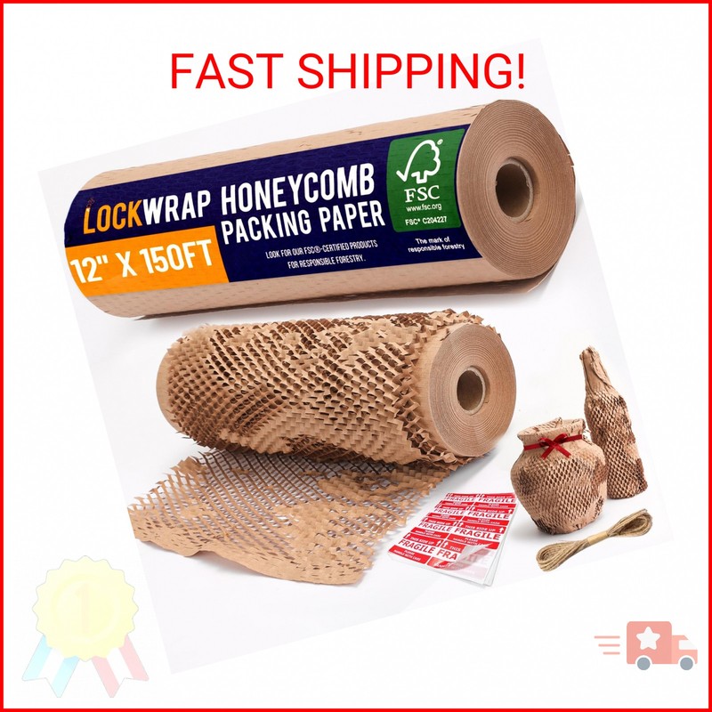 Honeycomb Packing Paper 12" x 150ft with Rope & 20 Fragile Stickers|Shipping & M