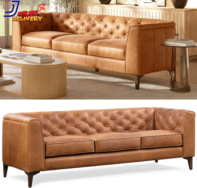 89” Full-Grain Italian Leather Sofa Tufted Back Feather Down Comfort Solid Wood