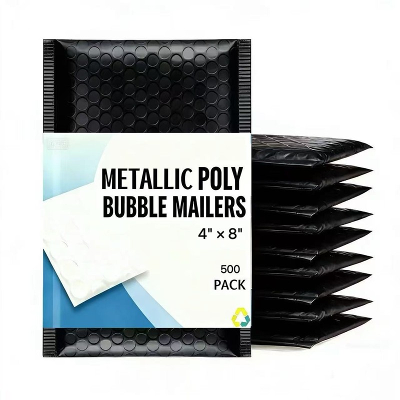 4×8 Metallic Poly Bubble Mailer Padded Envelope Shipping Bag, Black,500 Pieces