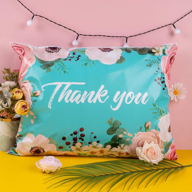 14.5x19 Inch Poly Mailers Bags Thank You Notes Flowers Surrounded Teal Poly M... gallery