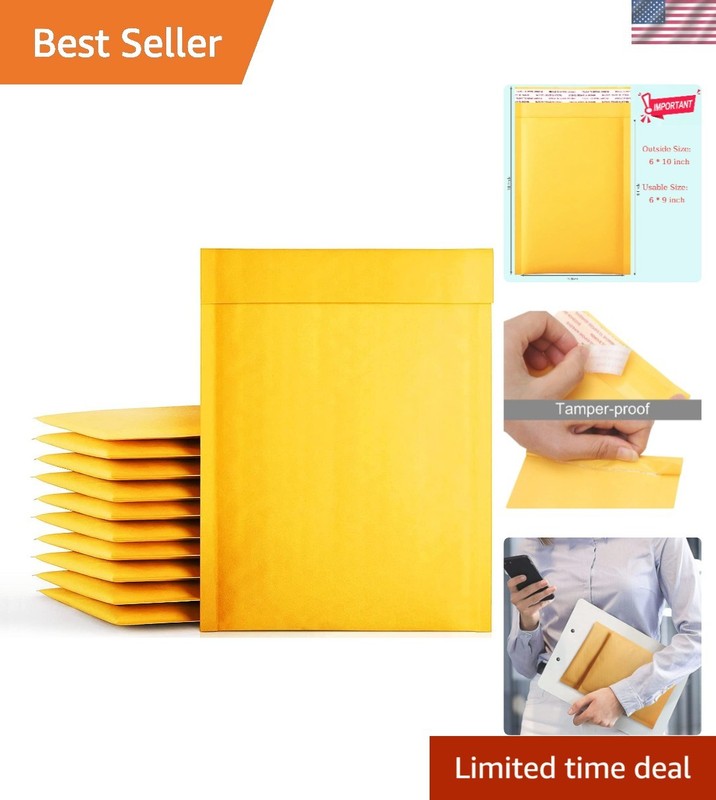 50-Pack 6×10 Inch Self-Sealing Kraft Bubble Mailers – Yellow & Eco-Friendly