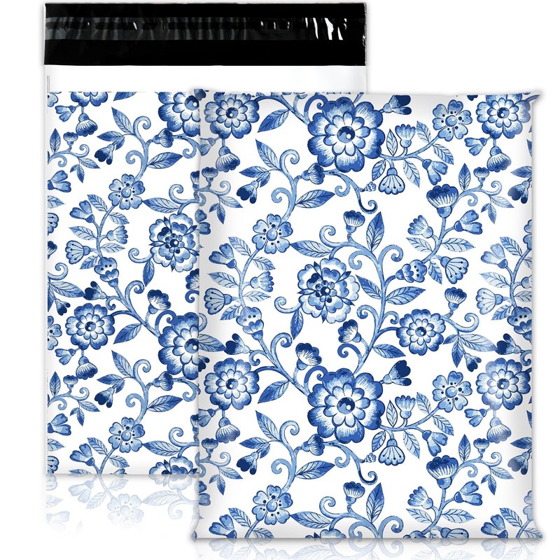 100Pcs Blue White Floral Poly Mailers 10 x 13 Inch Vintage Flower Envelope Ma…