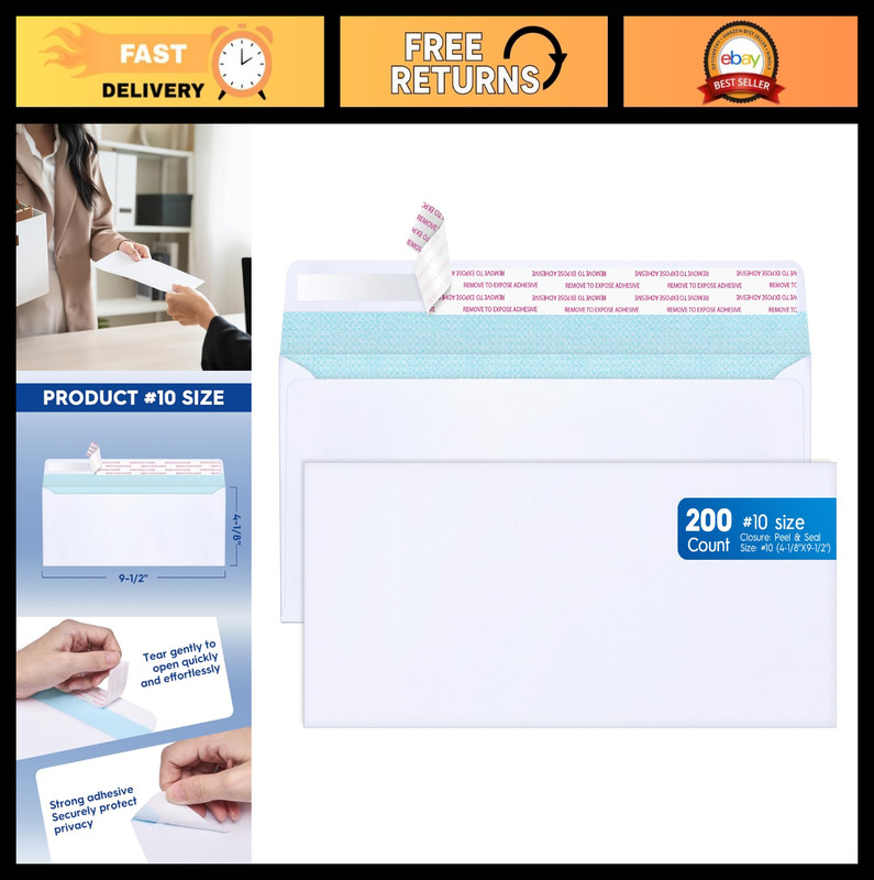 Self-Seal #10 Envelopes, 200 Count, No Window, 4⅛ x 9½”, White Business Mailing