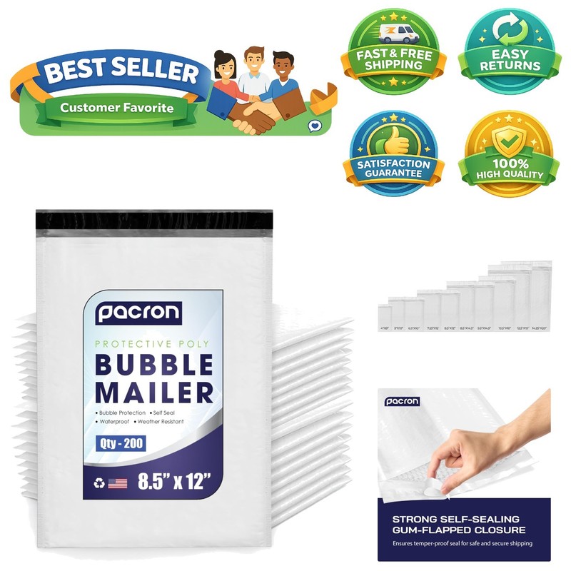 200-Pack Waterproof Poly Bubble Mailers 8.5×12 – Secure Shipping Envelopes