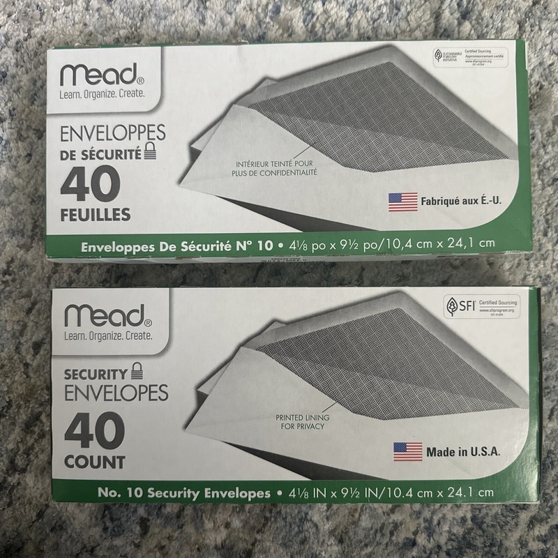 80 Mead Security Envelopes Two 40 Count Boxes 4 1/8" x 9 1/2"