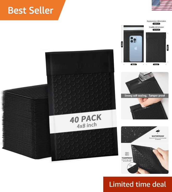 40 Pack Self-Seal Black Bubble Mailers 4×8 Inches – Perfect for Jewelry & More