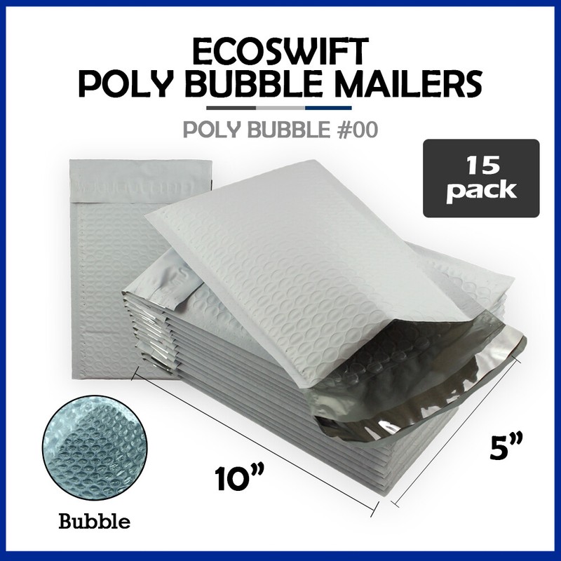 15 #00 5×10 “EcoSwift” Brand Poly Bubble Mailers Padded Shipping Envelope #00