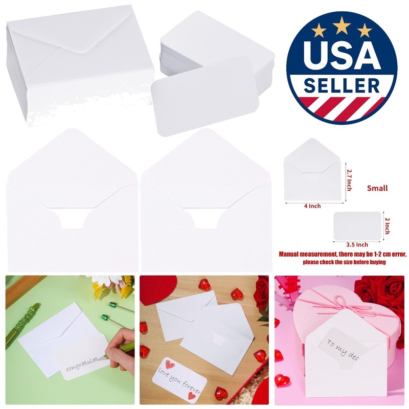 100 Sets Small White Envelopes & Blank Gift Cards for Weddings & Events - 2.7...