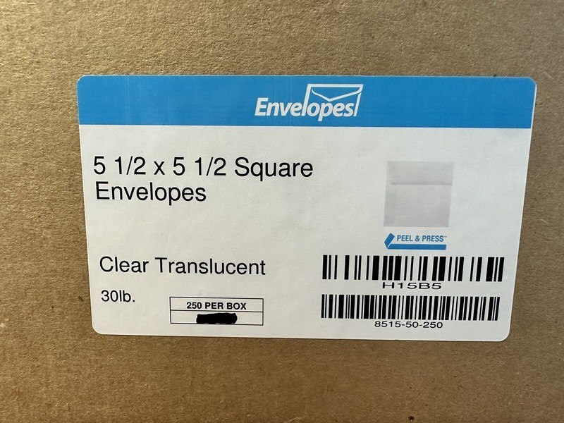 LUX 5 1/2 x 5 1/2 Square Envelopes 250/Box Clear Translucent (8515-50-250)