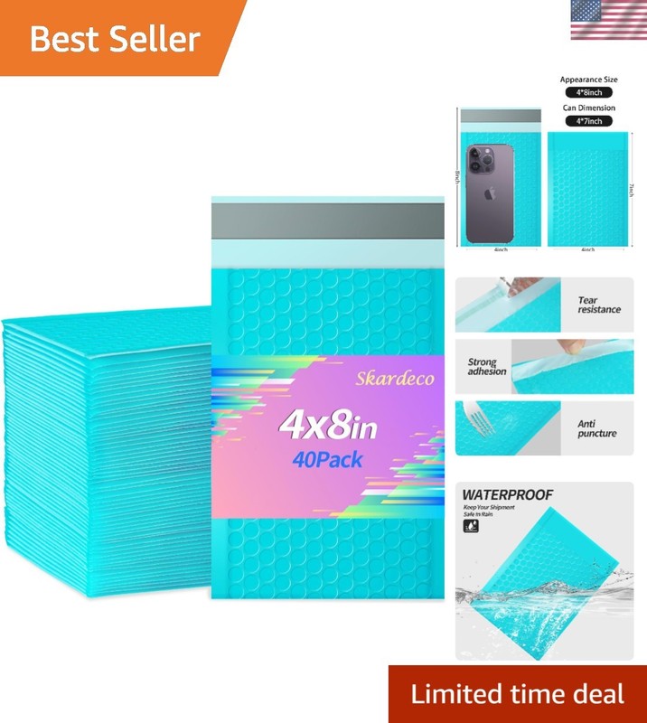 40 Pack 4×8 Padded Bubble Mailers in Teal – Lightweight and Water-Resistant