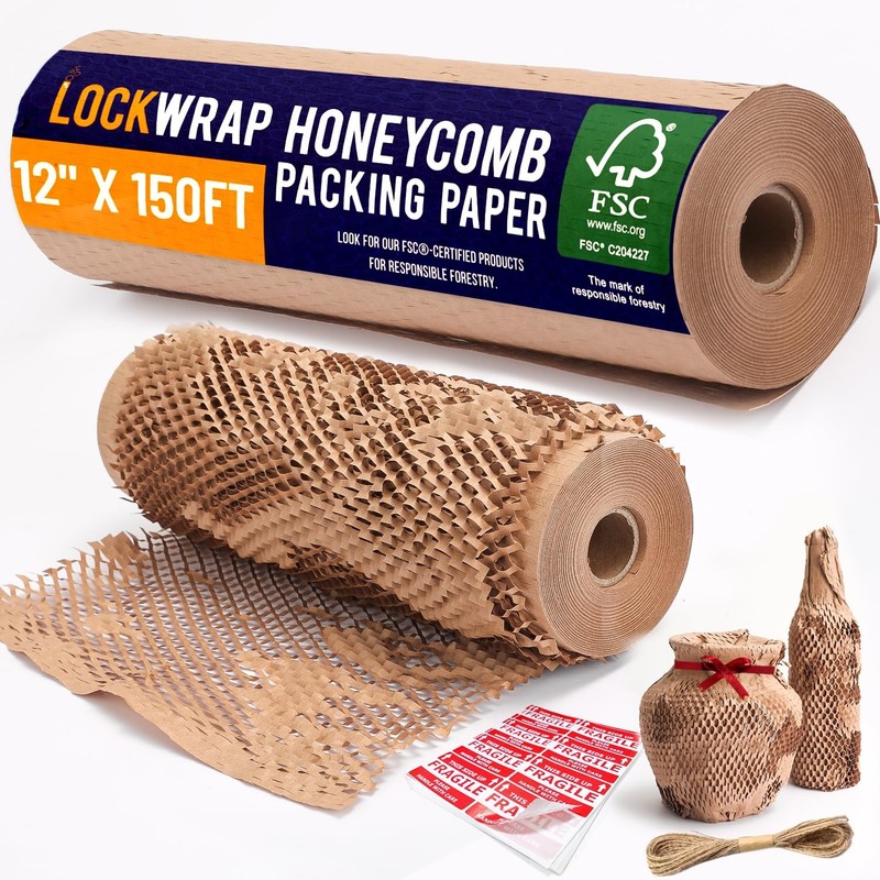 Honeycomb Packing Paper 12" x 150ft with Rope & 20 Fragile Stickers|Shipping & M