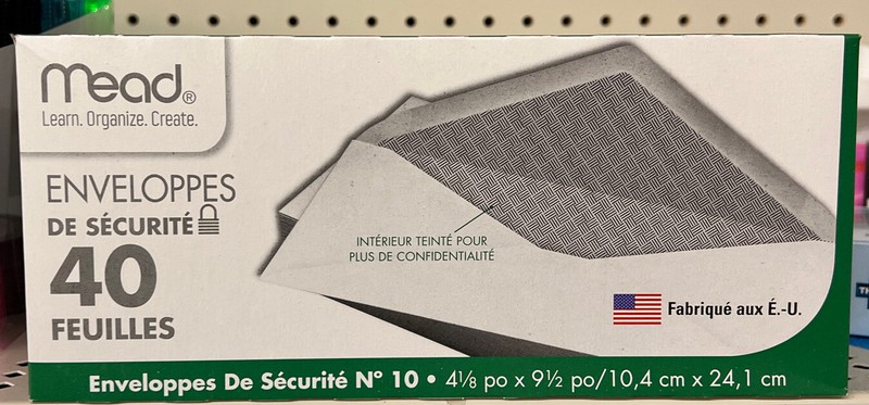 SECURITY BUSINESS ENVELOPES #10 4 1/8" x 9 1/2" White 40 Envelopes/Box MEAD