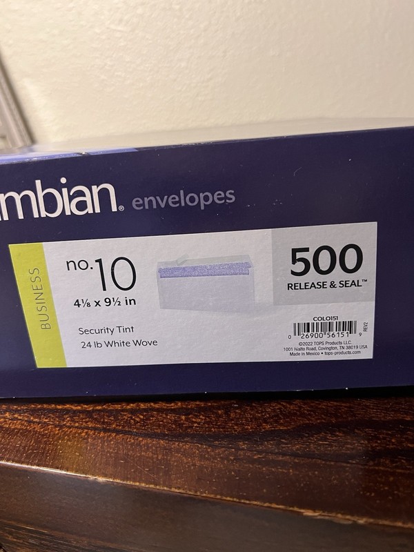 Columbian No. 10 Envelopes Security Tint White 24lb 500 Release & Seal