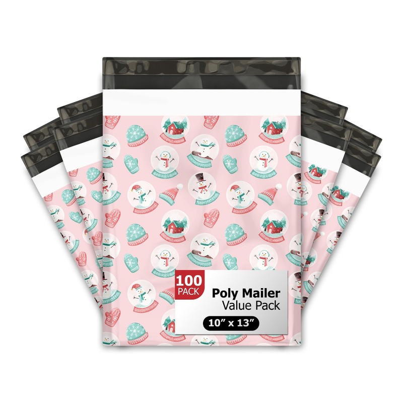 100 10×13 Winter Snowglobe Snowmen Christmas Designer Poly Mailers Self Seal Bag
