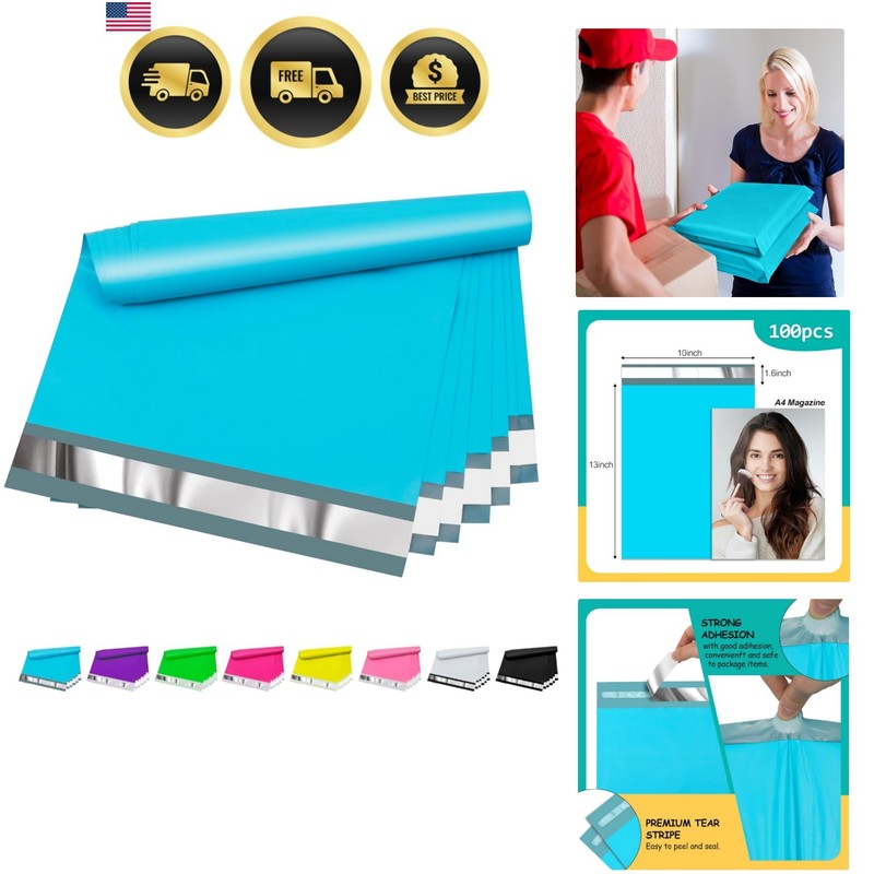 Poly Mailers 10×13 inch 100 Pcs, Blue Plastic Mailing Envelopes with 2.4mil T…