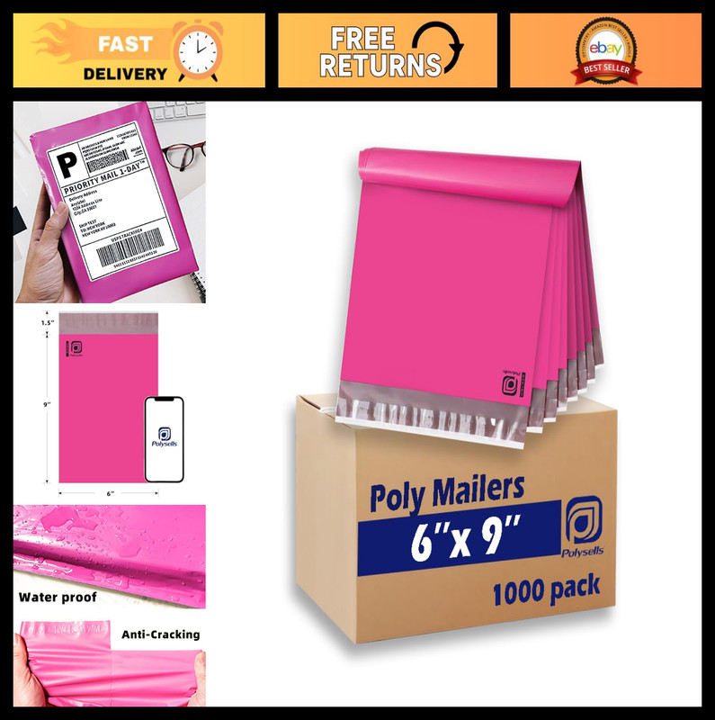 1000 Pcs 6×9 Pink Poly Mailers – Waterproof, Tear-Resistant Shipping Envelopes