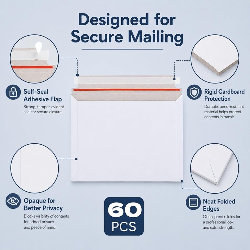 60 Pack Mailing Envelopes, 14X11 Inches Cardboard Envelopes Rigid Mailers with P gallery