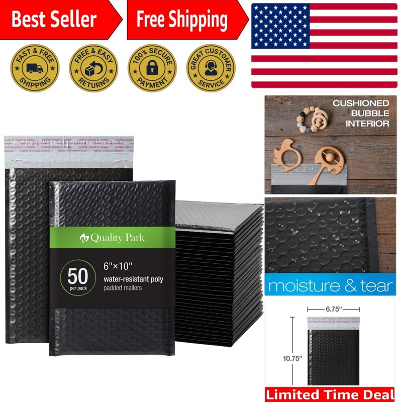 Professional Black Padded Mailers 6 x 9 – 50 Self-Seal, Water Resistant Design