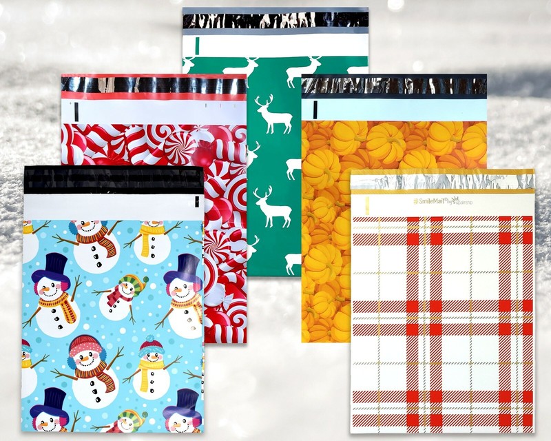 10x13 Winter Christmas Snowmen,Candy Cane, Pumpkin, Deer, Plaid Shipping Mailers gallery