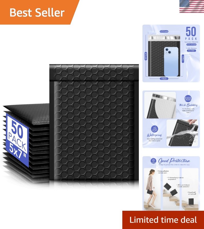 50 Pack of Luxury Black Self-Seal Bubble Mailers, 5×8.6″ – Protect & Impress