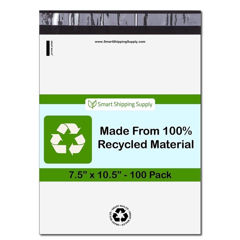 SMART 7.5×10.5 Recycled Poly Mailers – 100 Pack of White Eco-Friendly Packagi…