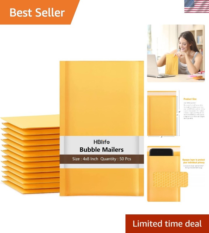 Professional-Grade 50Pcs 4×8 Bubble Mailers – Self-Seal Kraft Shipping Packaging