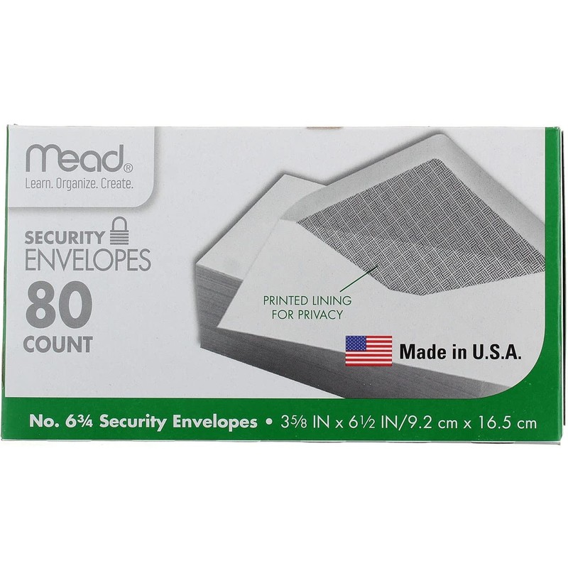 Mead #6-3/4 Envelopes, 3-5/8″ x 6-1/2″, Security Printed Lining 80/Box, White