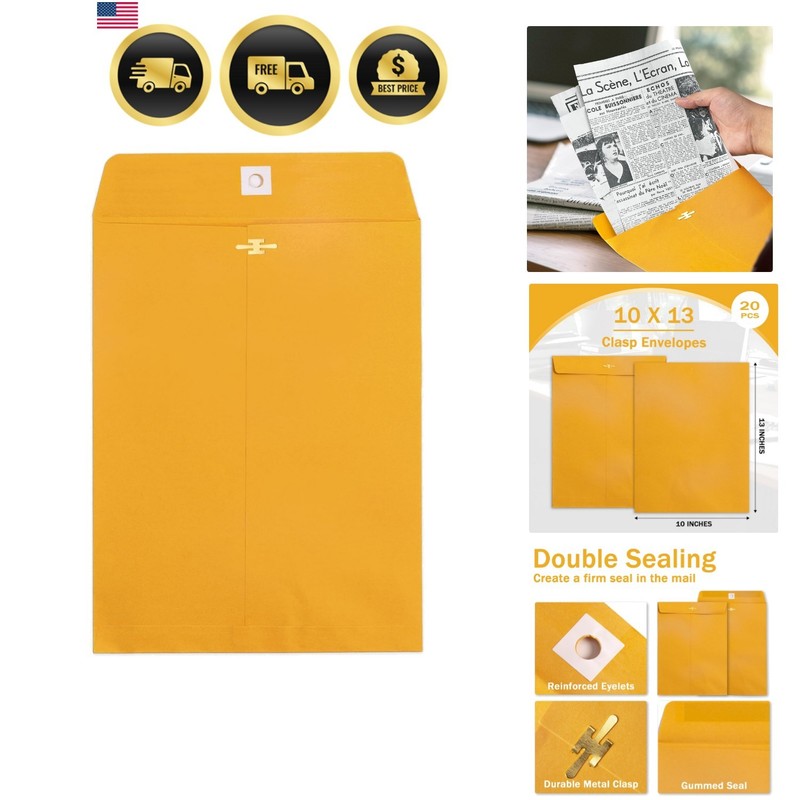 10×13 Clasp Envelopes 20 Pack, Large Brown Yellow Manilla Envelopes 10×13 wit…