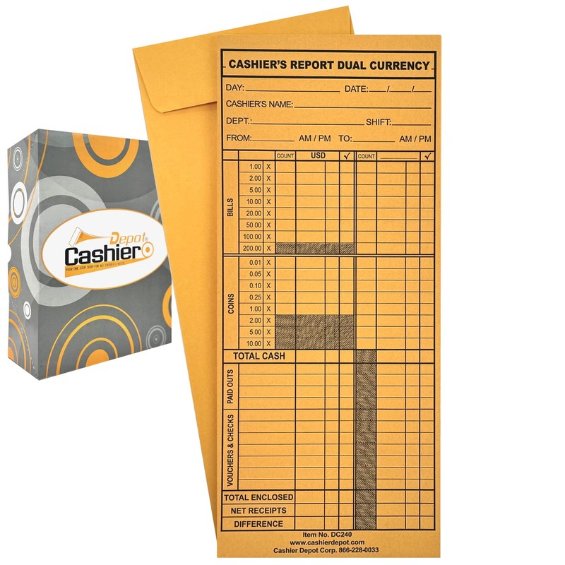 500 Cashier Depot – Dual Currency Cashier’s Report Envelope DC240, 4 1/2″ x 1…