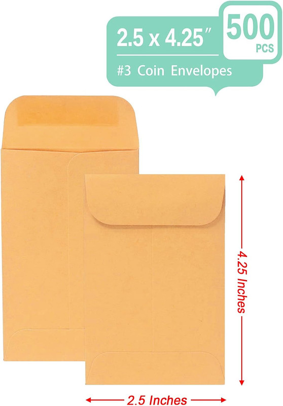 500 PCS #3 Coin Envelopes, 2-1/2” X 4-1/4” Inches Brown Kraft Envelopes Classic gallery