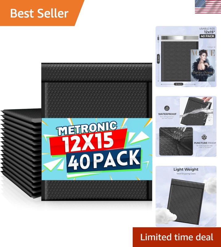 12×15 Black Bubble Mailers 40 Pack – Multi-Purpose Shipping Envelopes