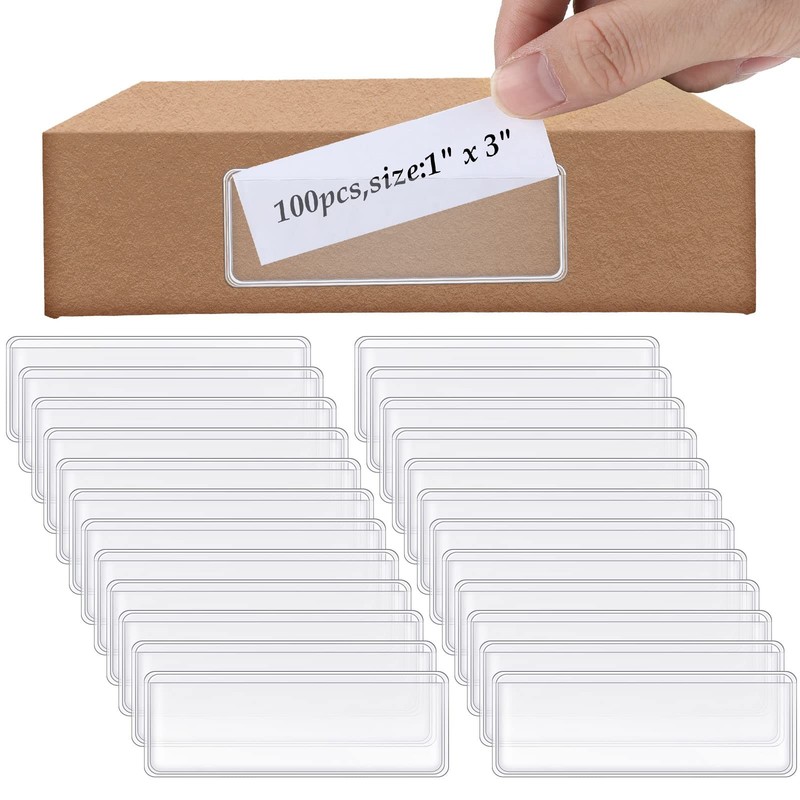 Meanplan 100 Pcs Label Holder Self approx. 2.5 x 7.5 cm/ 1 x 3 inches, Clear