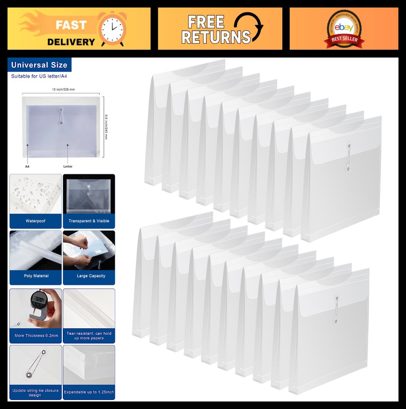 Clear Poly Envelopes 20 Pack – Transparent String Closure File Folders for Offic