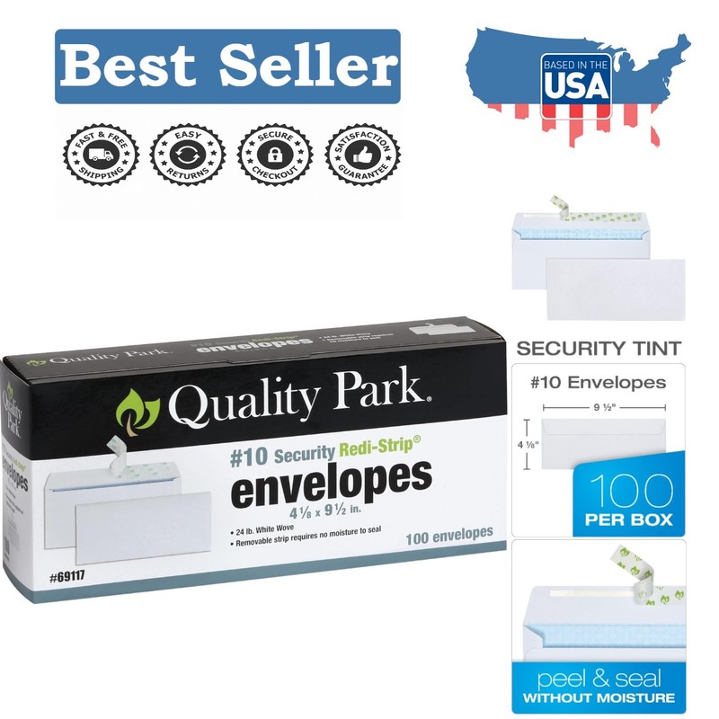 Security Envelopes – Self-Seal, 24 lb White Wove, 100 Pack, 4-1/8” x 9-1/2”