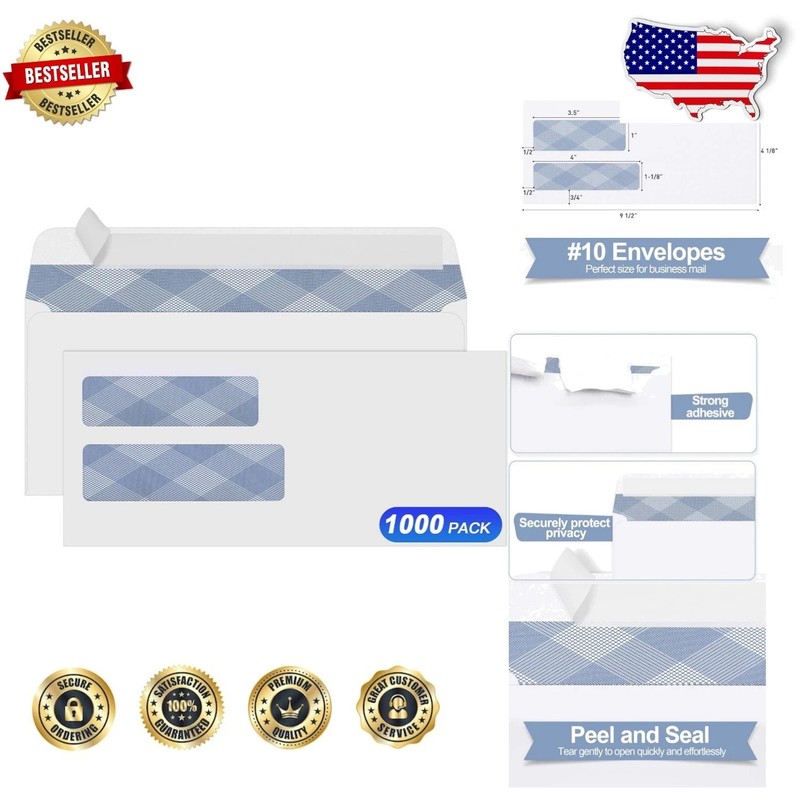 Elite NO.10 Security Envelopes: 1000 Pack, Double Window, Strong Self-Seal Paper