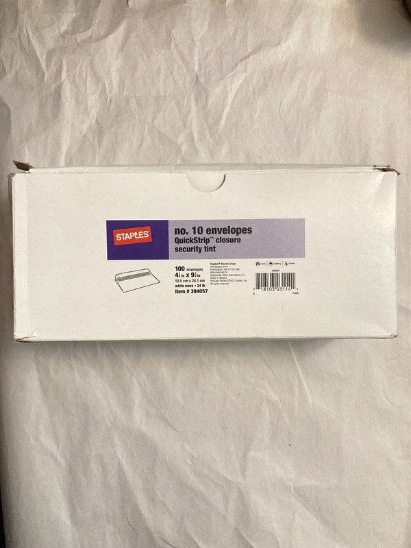 100 No. 10 Envelopes Quick Peel & Seal Security Tint (4 1/8” x 9 1/2”)