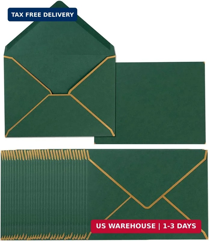 50 Pack A7 Envelopes Dark Green 5 x 7 Self-Adhesive V Flap Envelopes with Gold B