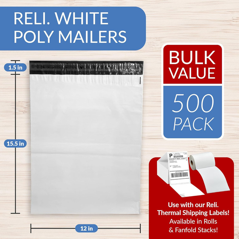 Poly Mailers 12X15.5 | 500 Pcs Bulk | Shipping Envelopes | White Packaging Bags gallery