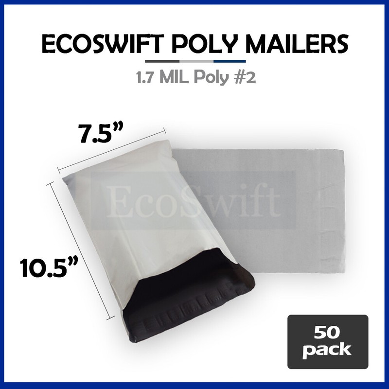 50 7.5 x 10.5 EcoSwift White Poly Mailer Shipping Envelope Self Seal Bags 1.7MIL