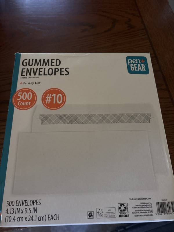 Pen+Gear #10 Privacy Tint Gummed Envelopes, White, 4.13″ x 9.5″, 500 Count