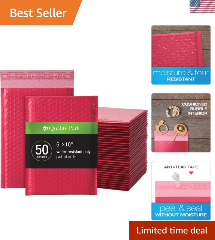 Pack of 50 Water-Resistant Red Poly Bubble Mailers, 6 x 9 Self-Sealing Envelopes
