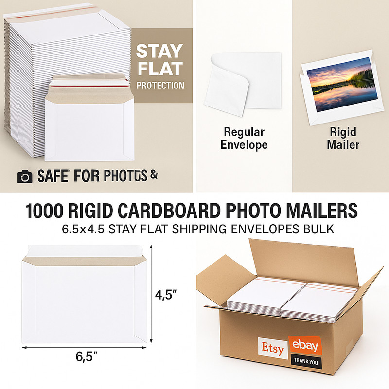 1000 White Rigid Photo Mailers 6.5×4.5 Cardboard Shipping Flats for Prints