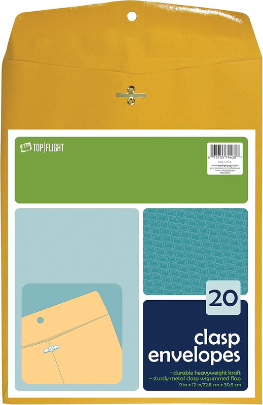 Clasp Envelopes, Gummed Closure, 9 X 12 Inches, Brown Kraft, 20 Pack