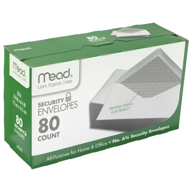 80 Count, Mead #6 3/4 Security Envelopes, 3 5/8″ x 6 1/2″, White, (75212)