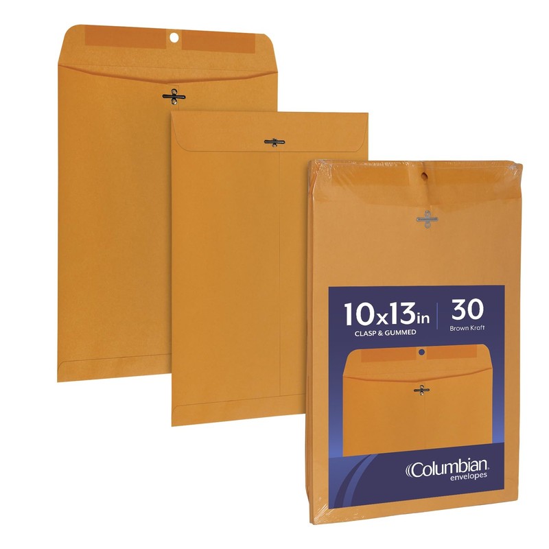10 x 13 Clasp Envelopes, Gummed, 28 lb Brown Kraft, for Mailing Flat Letter S…
