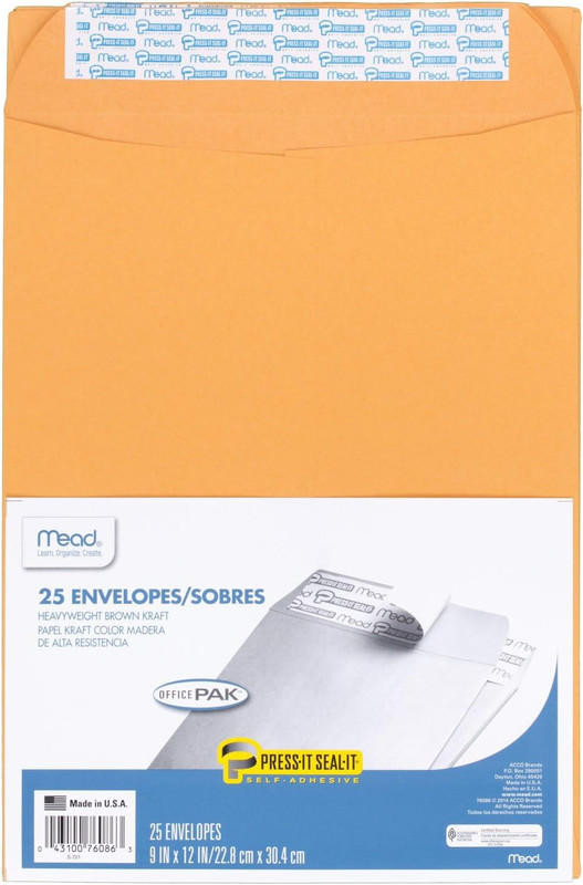 Envelopes, Letter Size 9" X 12", Press-It Seal-It Self Adhesive Closure, Brown K
