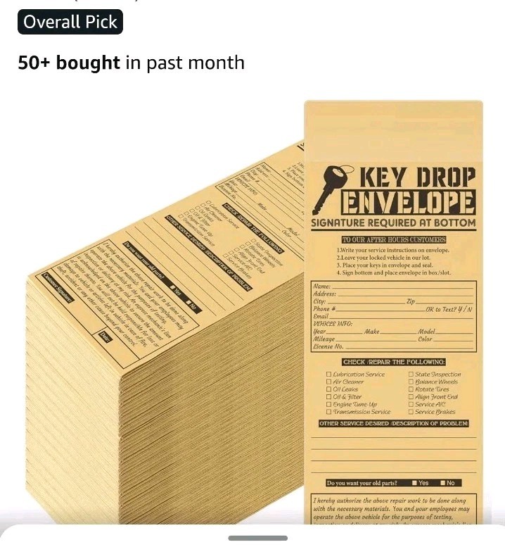 1000 Drop Key Envelopes Auto Shop Repair Service Drop Box Self Adhesive WOW DEAL