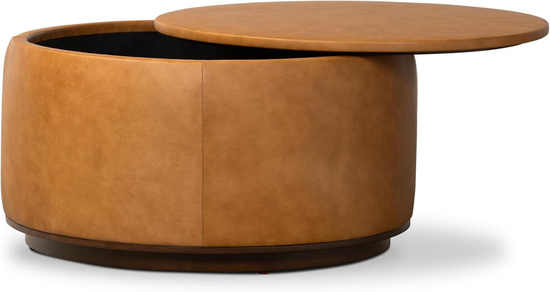Herve Storage Ottoman – round Italian Full-Grain Leather Ottoman with Hidden Sto gallery
